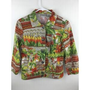 Chicos Womens Jacket Coat Cotton Modest Tropical Luau Fancy Buttons Size 0
